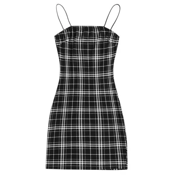 Zaful Dresses Zaful Blackwhiteplaid Spaghetti Strap Mini Dress
